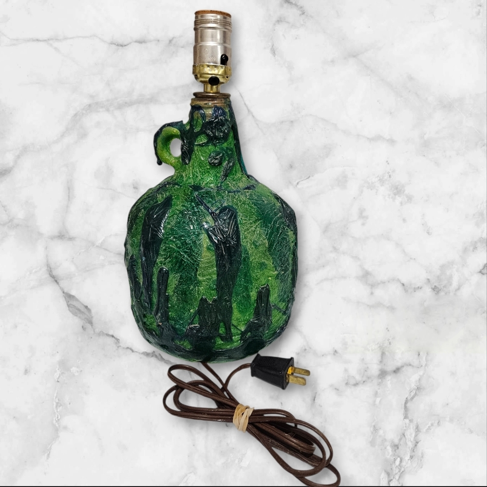 Vintage Mid Century Green Pottery Jug Table Lamp MCM Folk Art Textured Ceramic